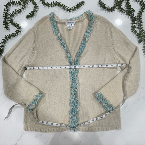 Coldwater Creek Ivory Cardigan Sweater with Blue Floral Ruffle Trim - Picture 5 of 10